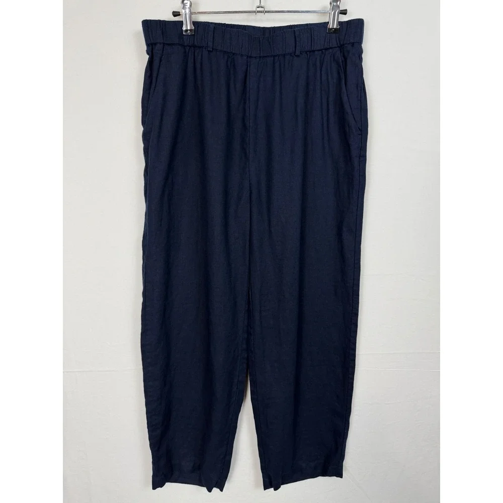 Quince Women 100% Linen Pants Size M Navy Blue Elastic Waist Tapered Trousers